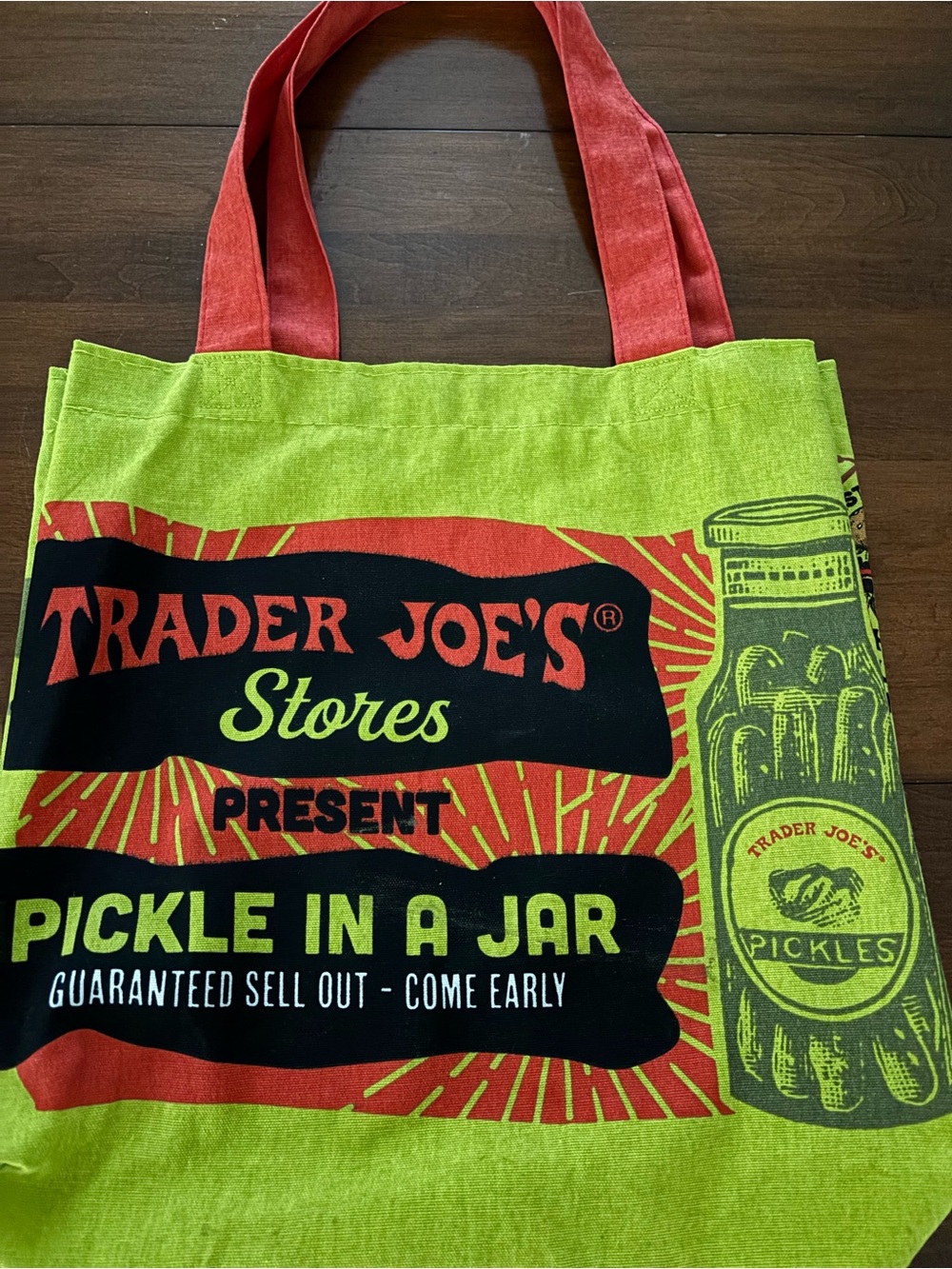 EUC Trader Joe's 'The Pickles' Tote Bag - Lime Green & Red - used once! 19”x14”